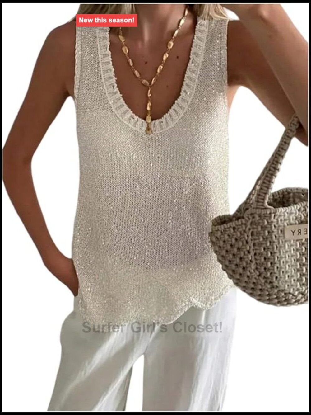 Sparkly Crochet Knit Tank Top Sleeveless Summer Sweater Vest Loose Fit